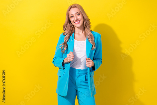 Portrait of nice lovely minded person look empty space brainstorming isolated on yellow color background