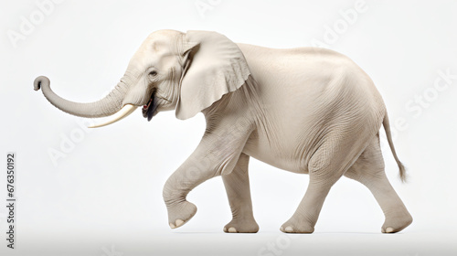 a regal white albino elephant standing with grace  its majestic presence and blue eyes illuminated against a seamless white background  perfect for a visually stunning presentation or flyer