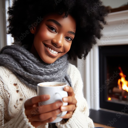 Happy african woman looking at the camera in winter drinking coffee next to a fireplace, hobies and leisure concept, generative ai photo