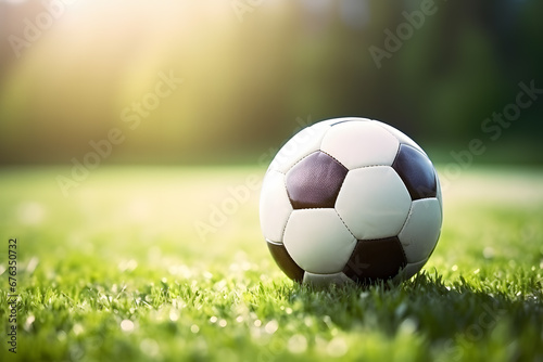Soccer sports ball on grass sports field with copy space