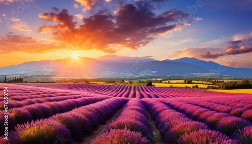Breathtaking panoramic view of a stunning lavender field at sunset with vibrant colors