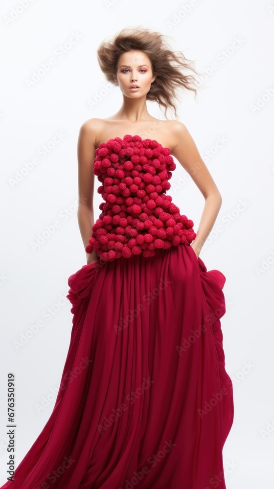 girl model in a designer creative dress made of cherries on a white plain background. vertical photo