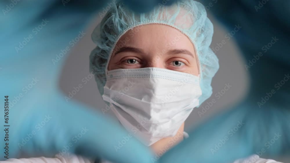 Cheerful young female doctor or nurse wearing uniform medical cap gloves and face mask making heart shape with hands looking at camera with smile helping sick people with pleasure.