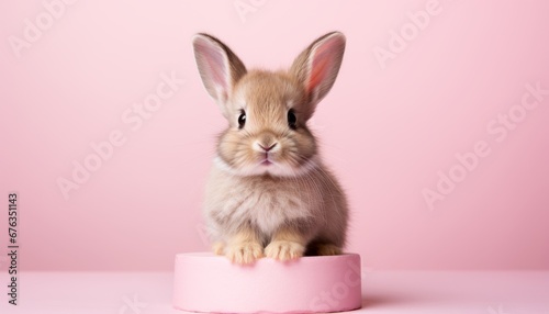 Charming bunny with irresistible expression on vibrant studio backdrop, creating a captivating image photo