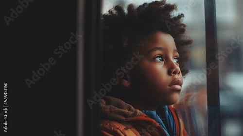 Portrait of a kid with curly hairs looking through window