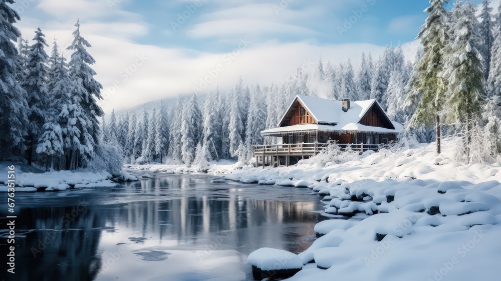 Fototapeta premium Cottage in a winter forest in cabincore style