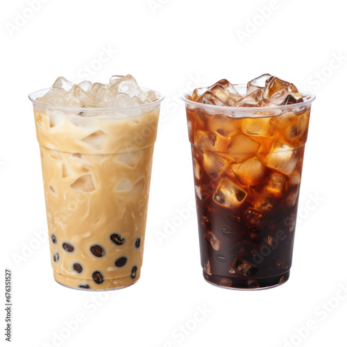 Iced coffee glass with ice cubes isolated on transparent background, iced latte drink, png element