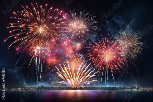 HAPPY NEW YEAR - Celebration New Year's Eve, Silvester 2024 holiday background greeting card - Colorful firework fireworks pyrotechnics on dark night sky.