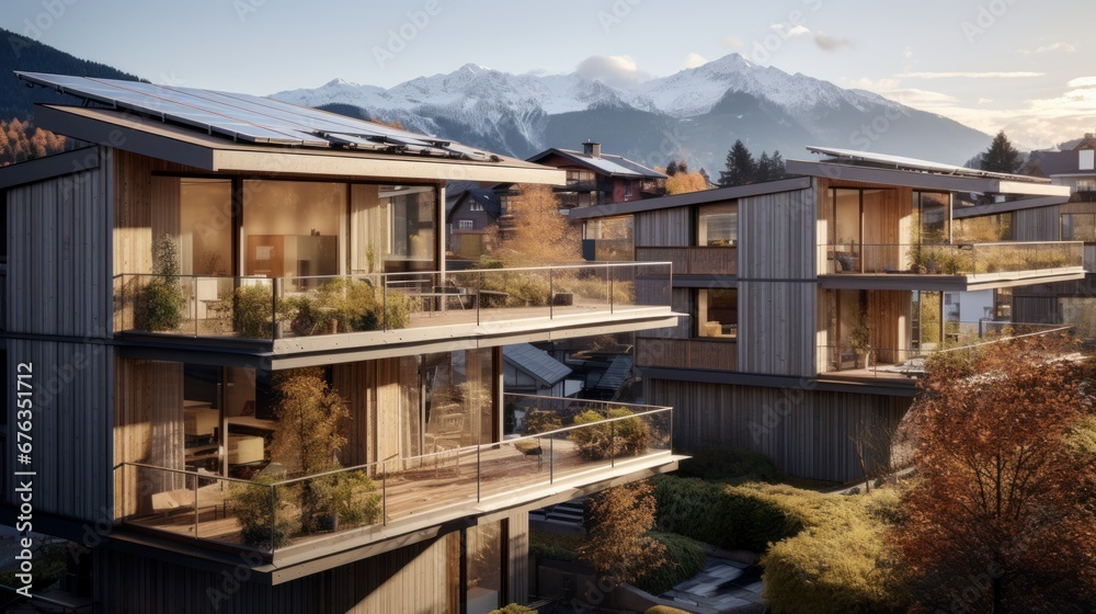 concept of building ecological identical residential houses in the mountains in the village