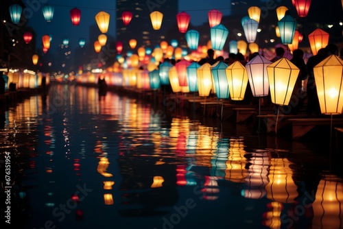 Vibrant chinese new year lantern floating on river, blending with natural surroundings