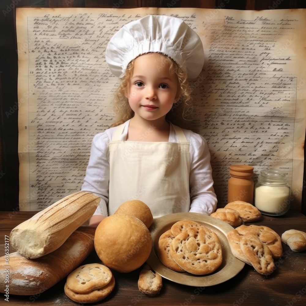 little happy girl of five years old cook bakes bread in a chef's hat little happy girl of five years old cook bakes bread in a chef's hat