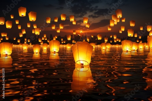 Chinese new year lantern floating on river, reflecting vibrant colors in natural beauty