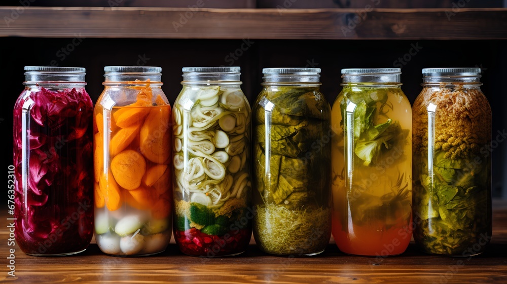A vibrant collection of assorted fermented foods displayed in clear glass jars, featuring a colorful array of textures and hues from vegetables and fruits, symbolizing healthy probiotic rich cuisine. A vibrant collection of assorted fermented foods displayed in clear glass jars, featuring a colorful array of textures and hues from vegetables and fruits, symbolizing healthy probiotic rich cuisine.