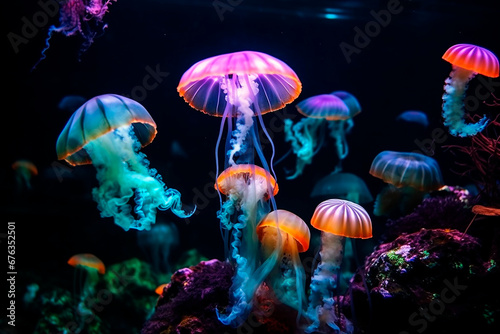 many Jellyfishes with neon glow light effect and colorful corals in the sea