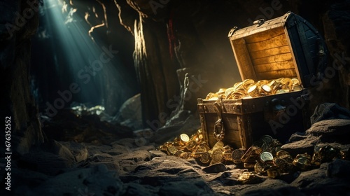 pirates treasure chest inside a dark cave, generative AI. photo