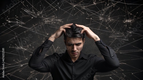 An overwhelmed man experiencing decision fatigue, clutching his head in despair, with a background of chaotic white scribble lines symbolizing mental confusion and stress.