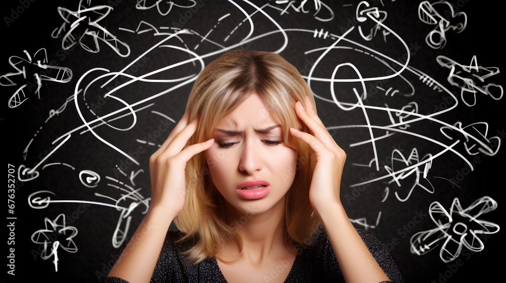An overwhelmed woman experiencing decision fatigue, clutching her head in distress, with a background of white chaotic scribble lines symbolizing mental confusion and stress. An overwhelmed woman experiencing decision fatigue, clutching her head in distress, with a background of white chaotic scribble lines symbolizing mental confusion and stress.