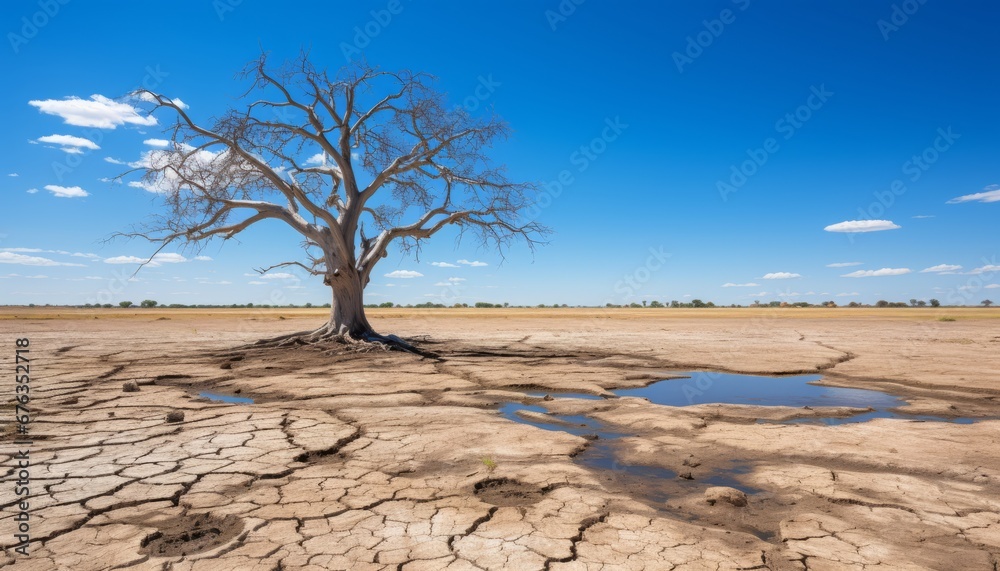Metaphoric representation of drought and global climate change lifeless trees on cracked, arid earth