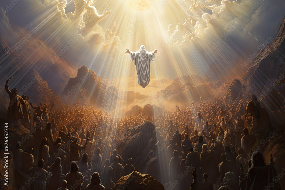 Glorious Ascension of Jesus Christ in heaven light - obrazy, fototapety, plakaty 