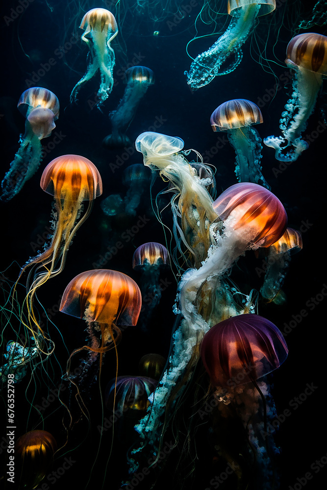 many Jellyfishes with neon glow light effect and colorful corals in the sea many Jellyfishes with neon glow light effect and colorful corals in the sea
