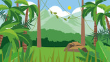 Tropical forest with palm trees and mountains. Vector illustration.