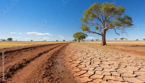 Droughts metaphorical impact lifeless trees on cracked earth, urging action against climate change