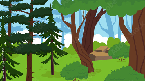 Forest landscape background. Vector illustration in a flat style. 