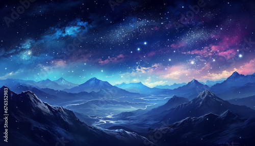 A cosmic illustration unveils a distant landscape bathed in hues of blue. The Milky Way graces the sky above icy mountains, surrounded by a myriad of stars, creating a breathtaking celestial spectacle