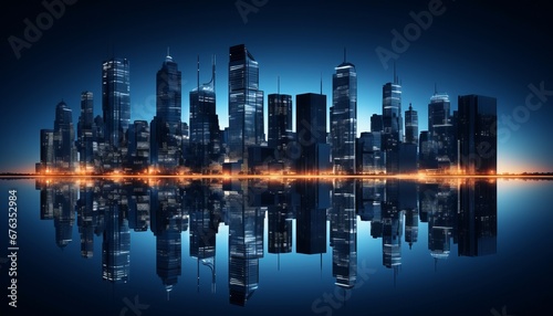 Dazzling city skyline adorned with reflective skyscrapers and bustling business office buildings.