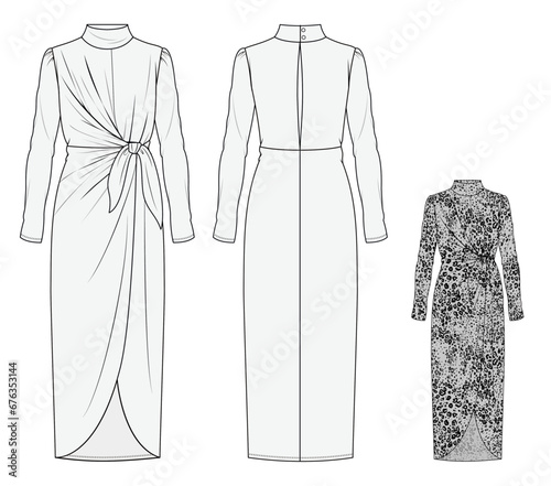 Women's dress, Ruffles, Fashion Flat Sketch Vector Illustration, CAD, Technical Drawing, Flat Drawing, Template, Mockup.