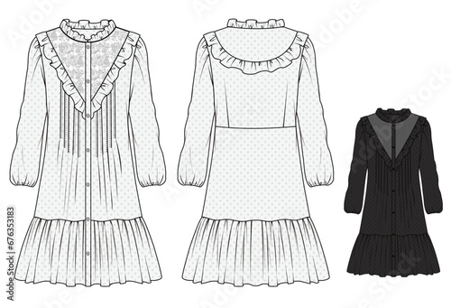 Women's dress, Ruffles, Fashion Flat Sketch Vector Illustration, CAD, Technical Drawing, Flat Drawing, Template, Mockup.
