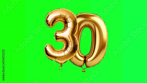 Gold balloon Number 30 ,Green Screen, Animation, motion loop, video footage.