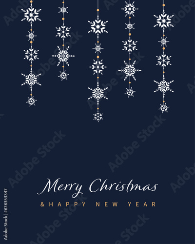 Merry christmas and happy new year, winter holidays card with white snowflakes on blue background.