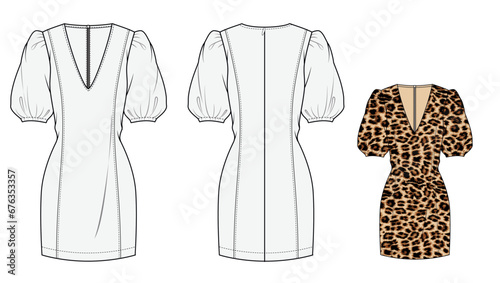 Women's dress, Ruffles, Fashion Flat Sketch Vector Illustration, CAD, Technical Drawing, Flat Drawing, Template, Mockup.