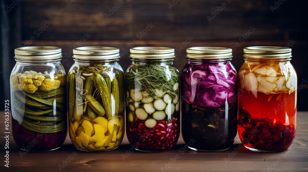 A vibrant collection of assorted fermented foods displayed in clear glass jars, featuring a colorful array of textures and hues from vegetables and fruits, symbolizing healthy probiotic rich cuisine. A vibrant collection of assorted fermented foods displayed in clear glass jars, featuring a colorful array of textures and hues from vegetables and fruits, symbolizing healthy probiotic rich cuisine.
