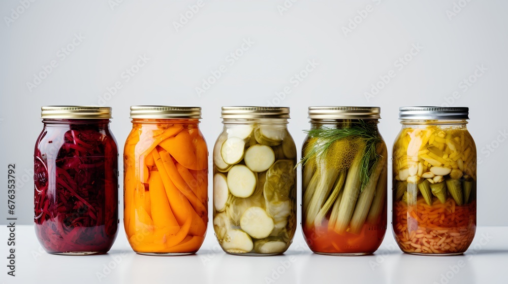 A vibrant collection of assorted fermented foods displayed in clear glass jars, featuring a colorful array of textures and hues from vegetables and fruits, symbolizing healthy probiotic rich cuisine. - obrazy, fototapety, plakaty 