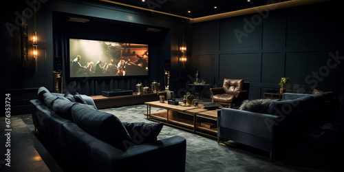 living room with a tv,Luxurious Dark Room: A Symphony of Elegance and Style,AI Generative 