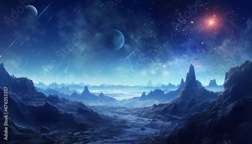 A photograph captured on a distant planet exudes a cosmic ambiance of stunning beauty. Bathed in shades of blue, the scene showcases majestic mountains, moons, shooting stars, and a distant sun, creat © quentin