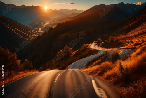 Winding road in the mountains at sunset, stretching into the distance