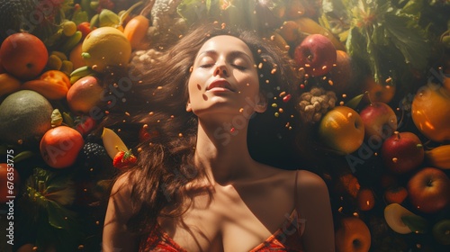 A serene woman lies amidst an array of colorful, fresh fruits, symbolizing a holistic health lifestyle, with a closeup on her relaxed, content face.