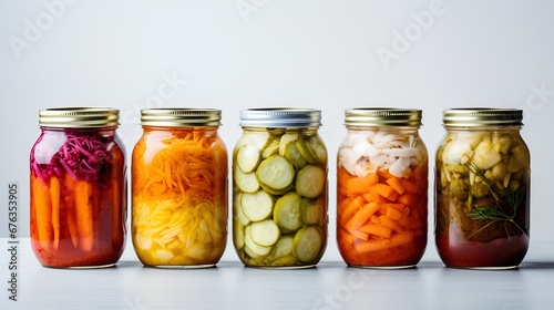 A vibrant collection of assorted fermented foods displayed in clear glass jars, featuring a colorful array of textures and hues from vegetables and fruits, symbolizing healthy probiotic rich cuisine. photo