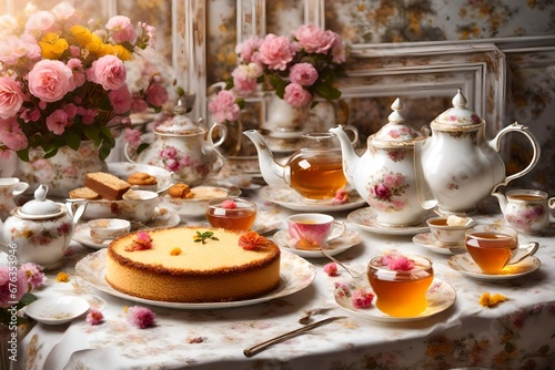 classic tea table served with cake flowers and honey