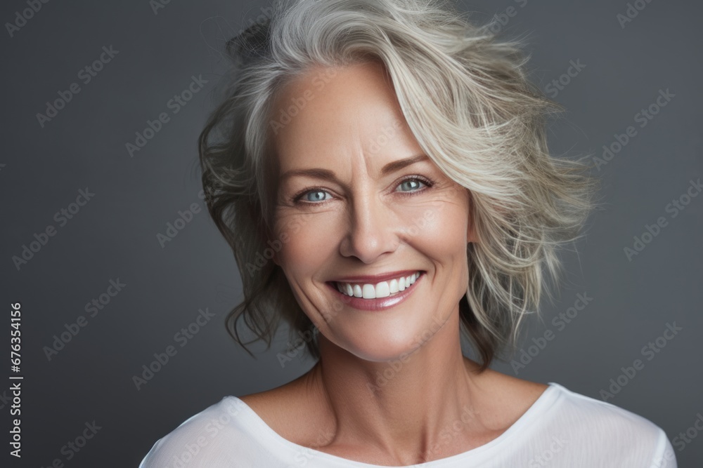 Mature woman with a beautiful smile and happy face. Adult aged woman with healthy and smooth skin. Cosmetics and beauty skincare. Generative AI