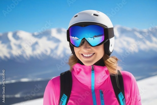 Portrait of a young smiling pretty woman skier on the mountain in sunny day. Generative AI
