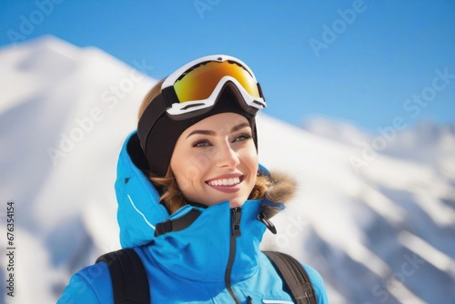 Portrait of a young smiling pretty woman skier on the mountain in sunny day. Generative AI