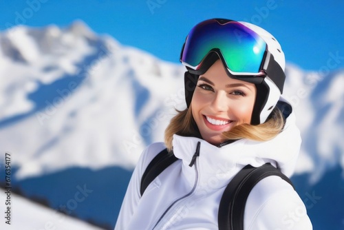 Portrait of a young smiling pretty woman skier on the mountain in sunny day. Generative AI © Vitaliy