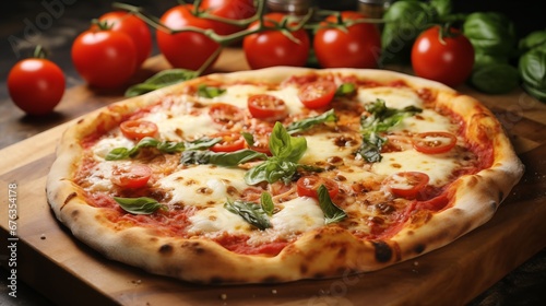 Delicate harmony of Italian pizza margherita with buffalo mozzarella and basil on a wooden table