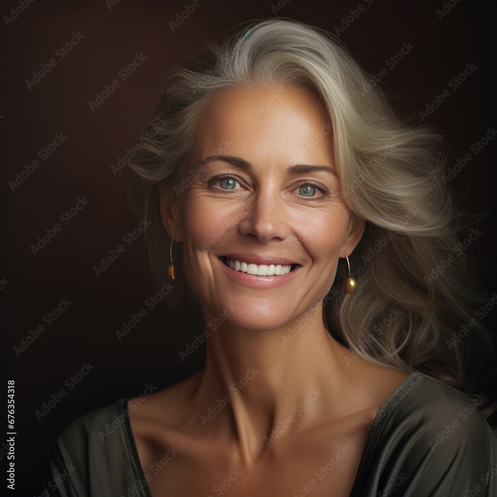 Mature woman with a beautiful smile and happy face. Adult aged woman with healthy and smooth skin. Cosmetics and beauty skincare. Generative AI Mature woman with a beautiful smile and happy face. Adult aged woman with healthy and smooth skin. Cosmetics and beauty skincare. Generative AI