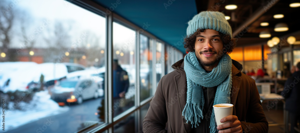 Obraz premium Young adult man wearing winter clothes, holding disposable coffee cup indoors, looking at camera. Generative AI.