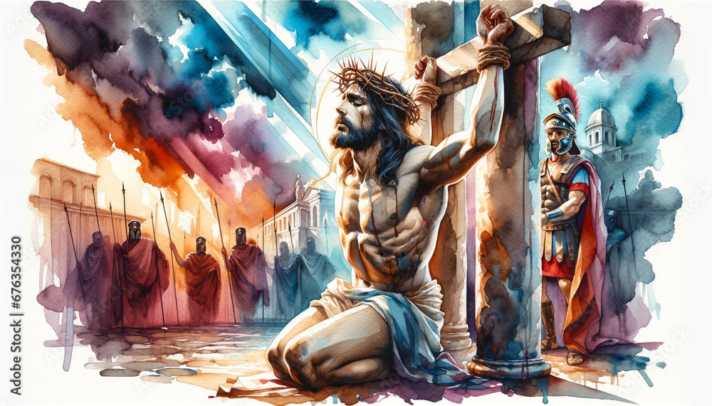 Watercolor Shadows of Agony: Jesus Christ Scourged and Crowned with Thorns by Roman Soldiers